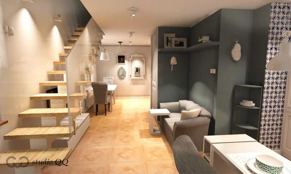 Stylowe wnętrze z drewnianymi schodami, szarą sofą i geometryczną podłogą. Jasne oświetlenie podkreśla nowoczesny design i unikalne detale dekoracyjne.