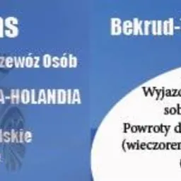 Reklama firmy Bekrud-Trans: przewóz osób Polska-Holandia. Kontakt: e-mail, telefony. Obsługa województw opolskiego i dolnośląskiego. Wyjazdy w soboty rano, powroty sobota/niedziela.