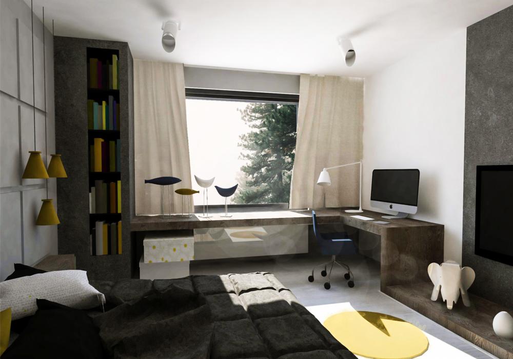 Nowoczesny pokój z miejscem do pracy przy oknie, minimalistyczne dekoracje, lampy wiszące i regał z książkami w ciemnych odcieniach szarości.