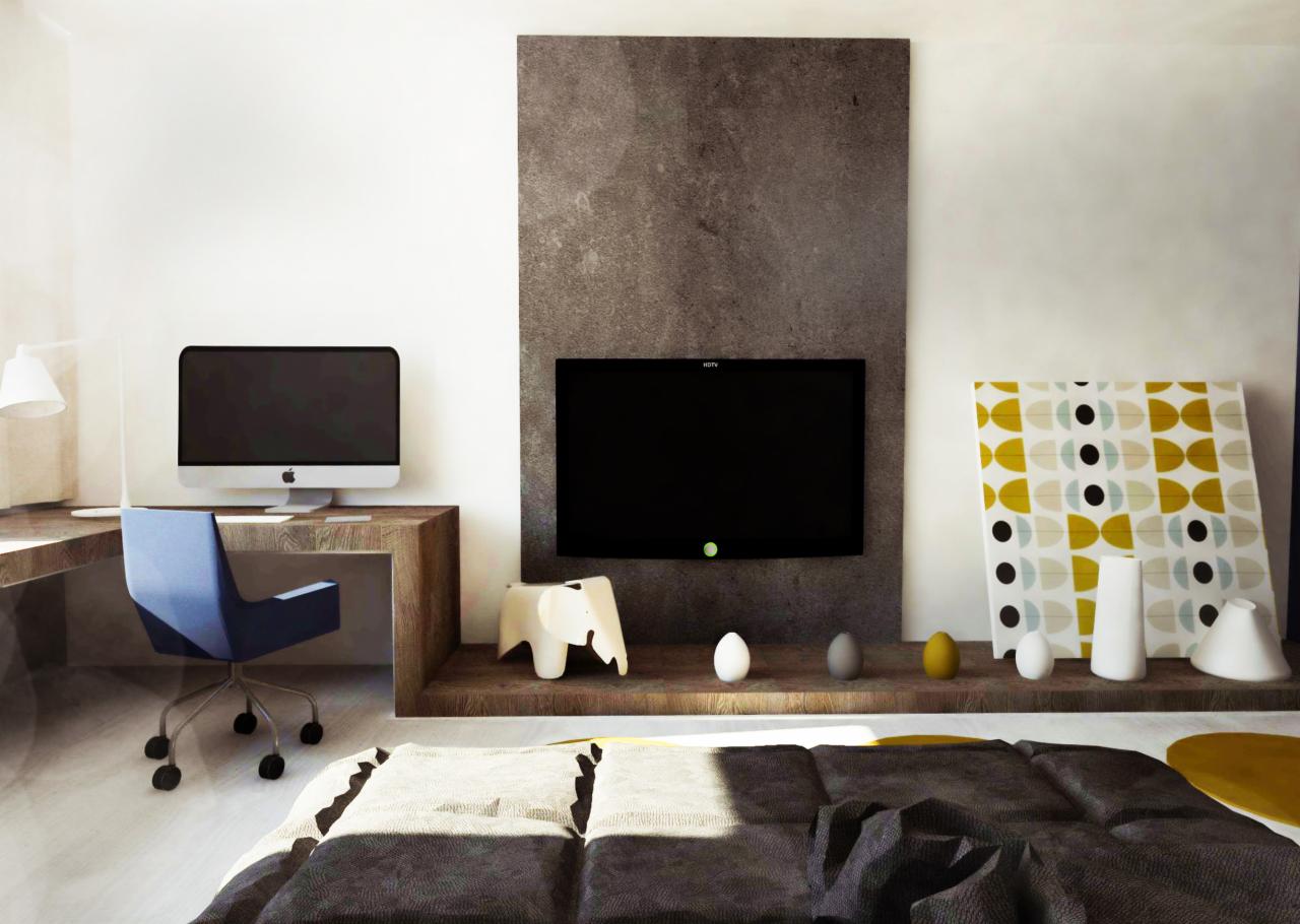Nowoczesny pokój z biurkiem, komputerem iMac, telewizorem na ścianie z kamienia dekoracyjnego, designerskim krzesłem i dekoracjami w postaci figurek oraz obrazu z geometrycznym wzorem w kolorach...