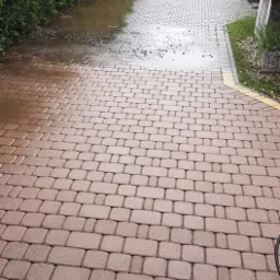 Częściowo umyta kostka brukowa na podjeździe, z widocznymi kałużami i pracownikiem idącym w stronę zaparkowanego samochodu dostawczego.