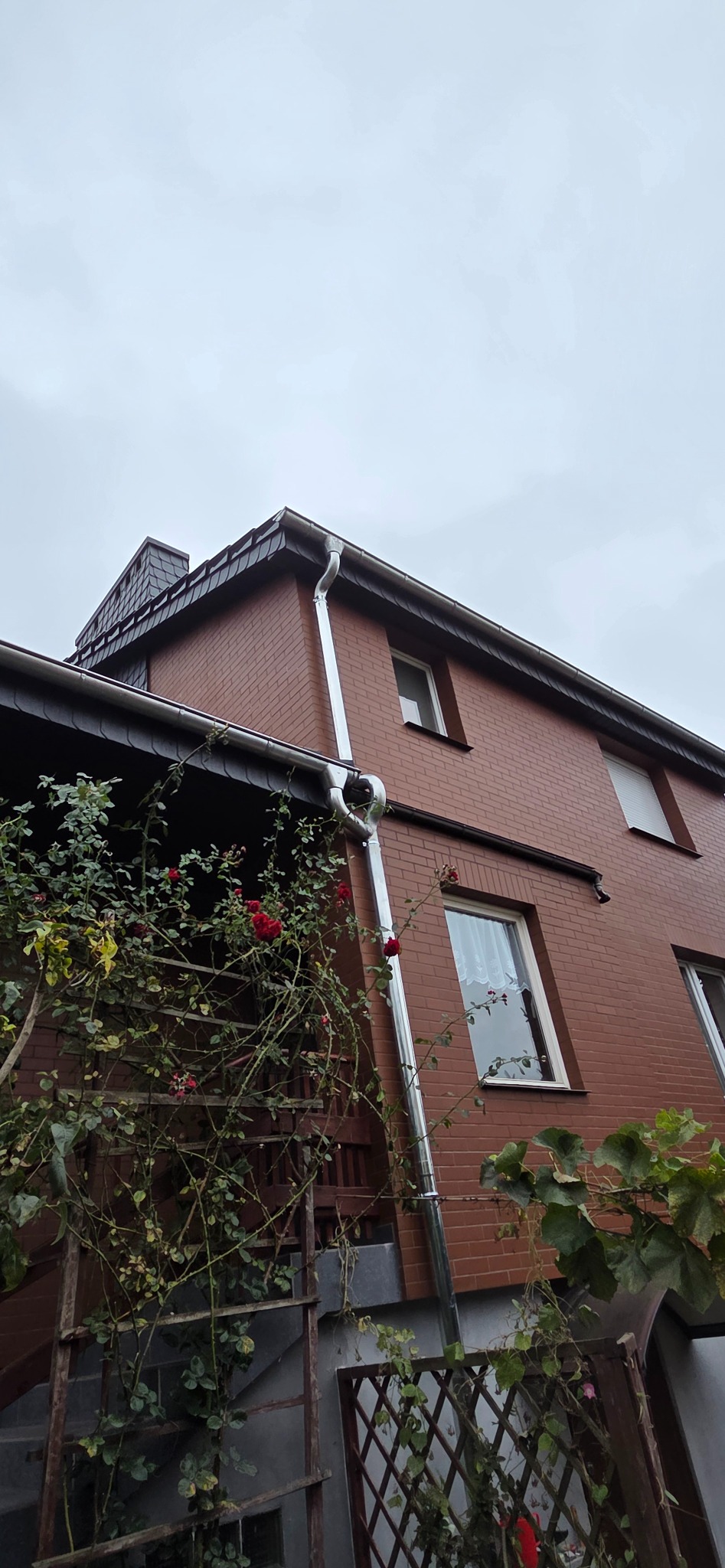 Brązowy budynek z nową, błyszczącą rynną spustową, widok z dołu. Widoczne fragmenty dachu, okna i roślinność.