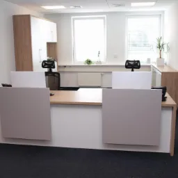 Jasne biuro z dwoma stanowiskami recepcyjnymi wykończonymi w drewnie i bieli, z widocznymi krzesłami biurowymi i roślinami w tle, oświetlone światłem dziennym i lampami sufitowymi.