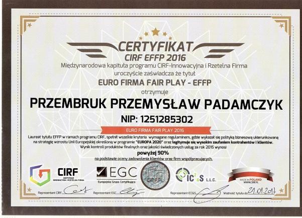 Certyfikat CIRF EFFP 2016 dla firmy PRZEMBRUK Przemysław Padamczyk, potwierdzający wysoką jakość świadczonych usług i zadowolenie klientów, oprawiony w brązową ramkę.