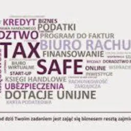 Grafika z hasłami związanymi z finansami i księgowością: TAX SAFE, biuro rachunkowe, kredyt, leasing, dotacje unijne i ubezpieczenia firmy, na jasnym tle.