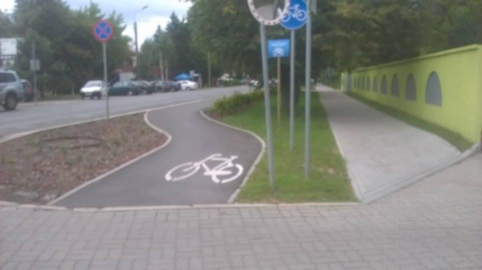 Ścieżka rowerowa z kostki brukowej, oznakowana symbolem roweru, przylegająca do jezdni i chodnika, z zielonym murem w tle.