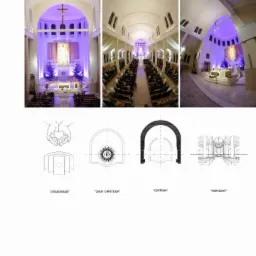 Wnętrze kościoła pw. Najświętszego Serca Jezusa z widokiem na ołtarz i nawę główną, uzupełnione schematycznymi rysunkami architektonicznymi detali.