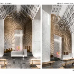 Wizualizacja wnętrza kościoła pw. Maksymiliana Kolbego w Rudniku: ołtarz z podświetlonym krzyżem, drewniane łuki, sufit kasetonowy, detale architektoniczne. Dwie opcje ujęcia.