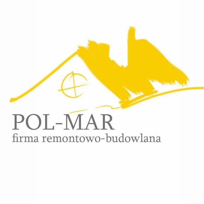 Żółte logo firmy remontowo-budowlanej POL-MAR z abstrakcyjnym symbolem domu i słońca na białym tle. Prosta, nowoczesna grafika.