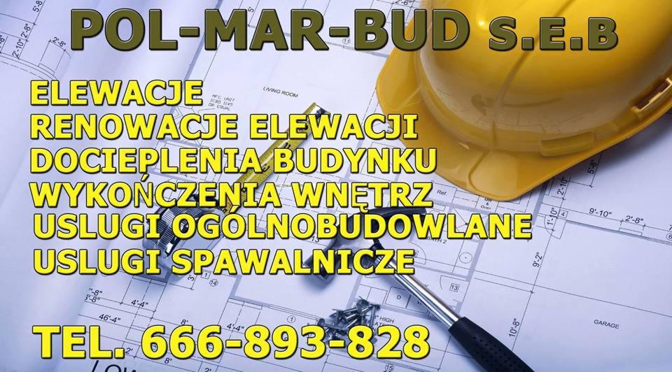 Reklama firmy budowlanej Pol-Mar-Bud S.E.B z żółtym kaskiem, miarką zwijaną, młotkiem i gwoździami na tle planu architektonicznego, oferującej usługi elewacyjne, renowacje elewacji, docieplenia...