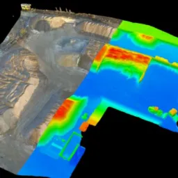 Skan 3D terenu składu materiałów sypkich z nałożoną mapą wysokości, widok z lotu ptaka.