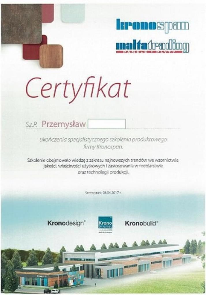 Skan certyfikatu ukończenia szkolenia produktowego firmy Kronospan, dotyczącego najnowszych trendów we wzornictwie, jakości i zastosowania w meblarstwie.