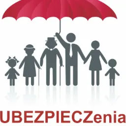 Rodzina pod czerwonym parasolem, symbolizująca ochronę ubezpieczeniową. Logo firmy 'Ubezpieczenia Zimmermann' w dolnej części zdjęcia.