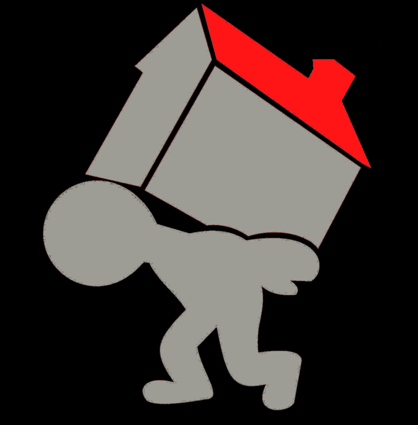 Stylizowana grafika przedstawiająca szarą postać dźwigającą na plecach szary dom z czerwonym dachem na czarnym tle.