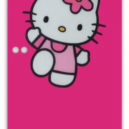 Różowa, szklana tafla z motywem Hello Kitty, prawdopodobnie element balustrady szklanej, widoczne nawiercenia pod mocowania.