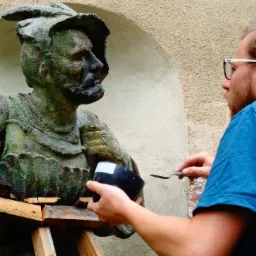 Prace renowacyjne przy rzeźbie: mężczyzna w okularach czyści zabrudzoną, zielonkawą statuę narzędziem trzymanym w prawej dłoni, z czarnym pojemnikiem w lewej, stojąc na drewnianym rusztowaniu.