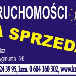 Ogłoszenie agencji nieruchomości Krepodom z Grodziska Maz. Oferta sprzedaży: adres, telefon, strona www. Logo z domkiem i gwiazdami na granatowym tle.