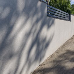 IZO-PLUS PAWEŁ WALSKI - Nowoczesne ogrodzenie panelowe w kolorze grafitowym, zamontowane na otynkowanej elewacji w jasnych barwach. Cień drzewa na ścianie. Brukowana droga prowadzi wzdłuż ogrodzenia.