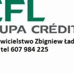 Logo EFL Grupa Crédit Agricole, z numerem telefonu przedstawicielstwa Zbigniewa Ładnego. Szaro-zielona kolorystyka na białym tle.
