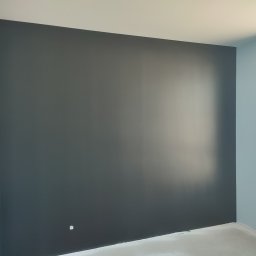 Janusz Zuzelski Uslugi Ogolnobudowlane - Świeżo pomalowana ściana w odcieniu grafitu, kontrastująca z jasnoniebieskimi ścianami bocznymi i białym sufitem, widoczne gniazdko elektryczne na ciemnej ścianie, surowy stan wykończenia podłogi.