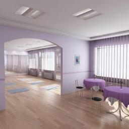 Firma Uslugowa Hydro-Stamar - Jasne wnętrze z fioletowymi ścianami, drewnianą podłogą i łukowym przejściem do sali ćwiczeń. W tle stoliki z fioletowymi obrusami i krzesłami.