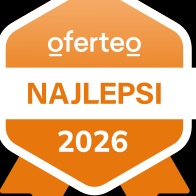 Pomarańczowa odznaka Oferteo „Najlepsi 2026” na czarnym tle. Grafika z logo Oferteo, wskazująca na wyróżnienie w danym roku. Minimalistyczny design.