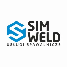 Logo firmy SIM WELD świadczącej usługi spawalnicze, z niebieskim, sześciokątnym symbolem po lewej stronie i czarnym napisem 'SIM WELD' oraz 'USŁUGI SPAWALNICZE' pod spodem.