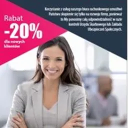Uśmiechnięta kobieta na tle baneru biura rachunkowego z rabatem -20% dla nowych klientów. Nazwa biura: Vademecum. Adres strony internetowej widoczny na dole.