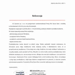 Skan dokumentu referencyjnego od ITS Systems dla firmy FHU Seven Stars, potwierdzający administrację serwerami Windows, zarządzanie Active Directory, systemem kopii bezpieczeństwa i bezpieczeństwem...