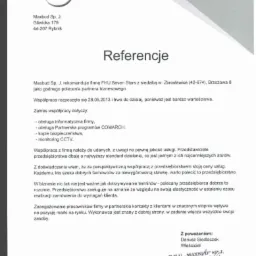 Skan dokumentu referencyjnego dla firmy Maxbud, specjalizującej się w centrum kostki brukowej, polecającego firmę FHU Seven Stars, z wyszczególnieniem zakresu współpracy obejmującego obsługę...