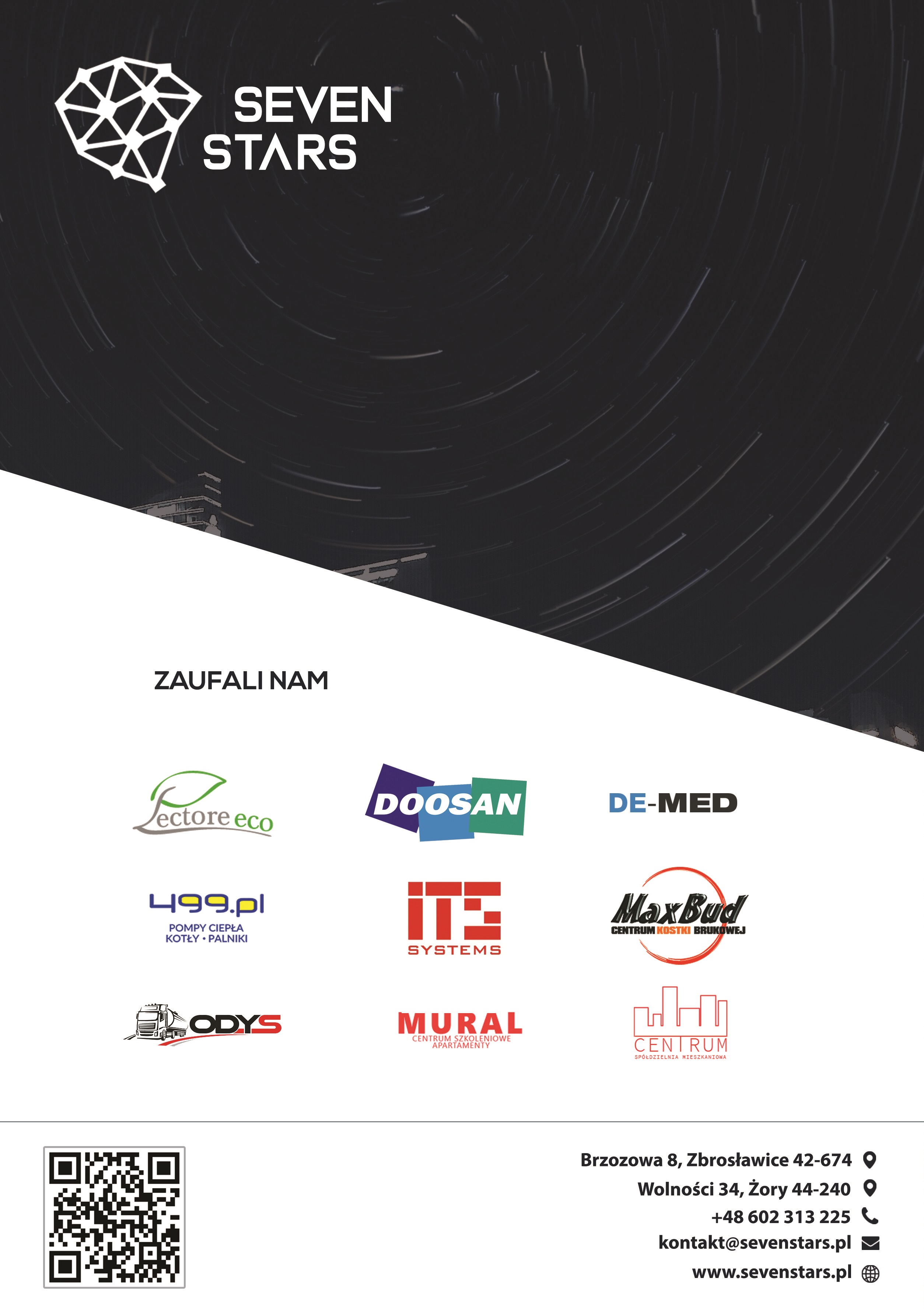 Logo Seven Stars na tle nocnego nieba z wirującymi gwiazdami, poniżej lista logotypów firm, które zaufały Seven Stars, adresy i dane kontaktowe firmy Seven Stars oraz kod QR.