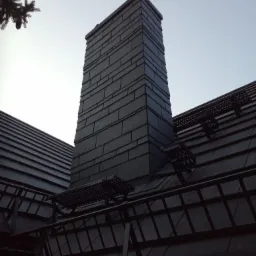 Szary, kamienny komin połączony z dachem pokrytym łupkiem, widoczne zabezpieczenia przeciwśniegowe i drabina dachowa.