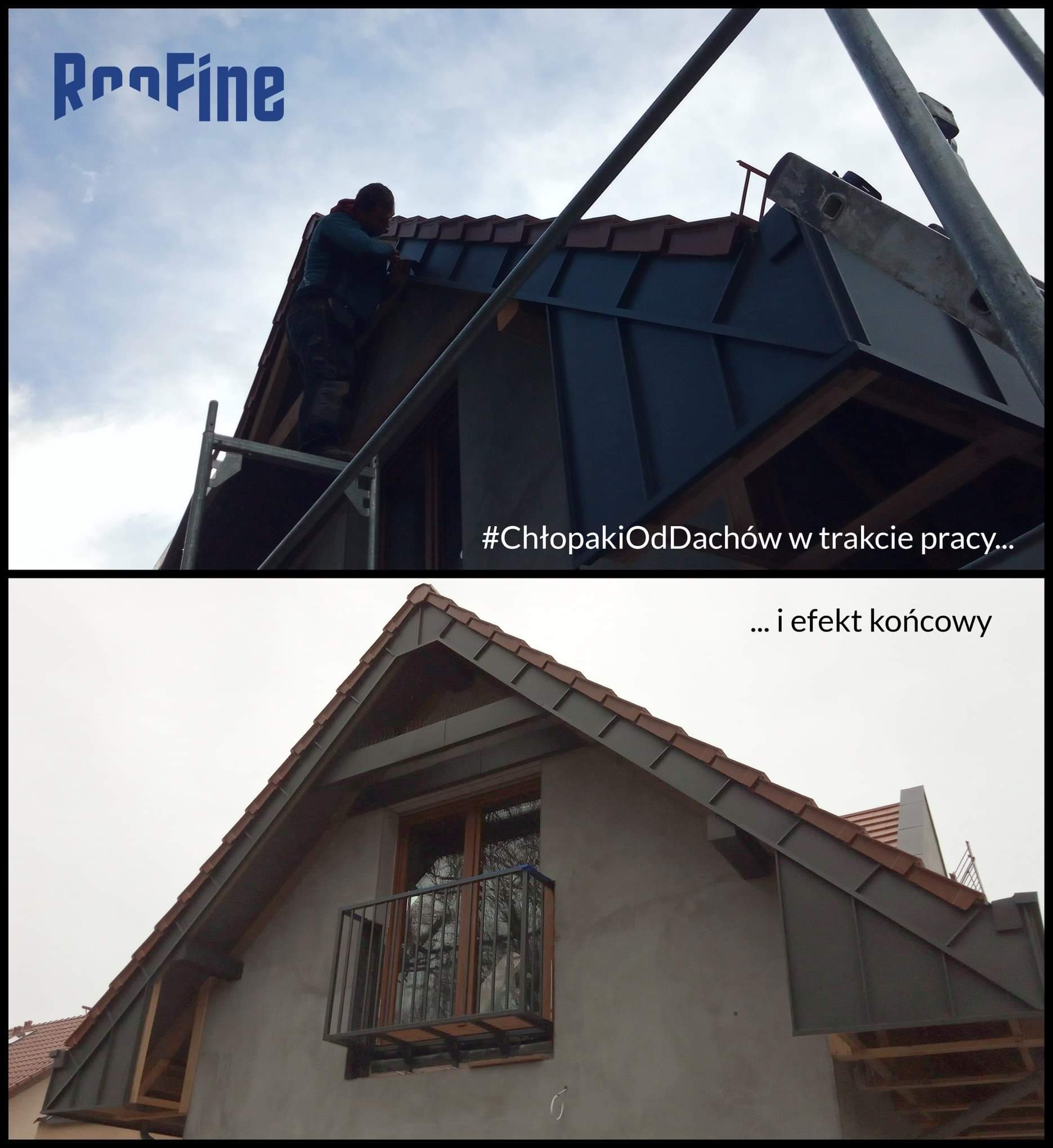 Dwuczęściowe ujęcie dachu: górna część przedstawia dekarza pracującego na rusztowaniu, montującego blaszane elementy; dolna część ukazuje ukończony dach z oknem balkonowym i obróbkami blacharskimi...