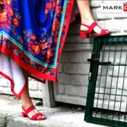 Kobieta w czerwonych sandałach stoi obok zielonej bramki ogrodzeniowej na tle betonowego muru w Wołominie. Widoczne logo producenta bram i ogrodzeń.