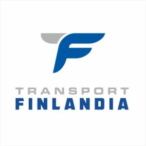 Logo firmy transportowej: stylizowana litera F w kolorze szarym nad nazwą 'TRANSPORT FINLANDIA' w kolorze granatowym na białym tle.