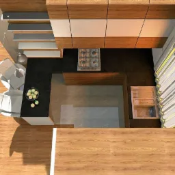 Nowoczesna kuchnia z góry: drewniane szafki, czarny blat, stalowa kuchenka, okno z żaluzjami, owoce w misce i białe krzesła barowe. Całość w ciepłej tonacji.