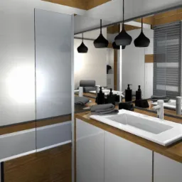 Nowoczesna łazienka z białą umywalką, drewnianym blatem i czarnymi lampami wiszącymi. W lustrze odbicie wanny i grzejnika. Minimalistyczny design i eleganckie wykończenie.