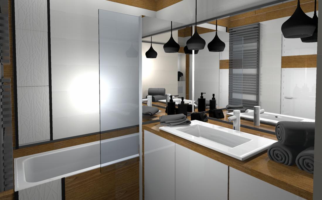 Nowoczesna łazienka z białą umywalką, drewnianym blatem i czarnymi lampami wiszącymi. W lustrze odbicie wanny i grzejnika. Minimalistyczny design i eleganckie wykończenie.