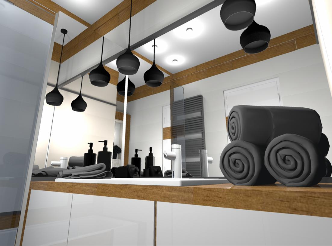 Nowoczesna łazienka z drewnianymi akcentami: wiszące lampy, białe szafki, ręczniki i grzejnik drabinkowy tworzą spójny design.