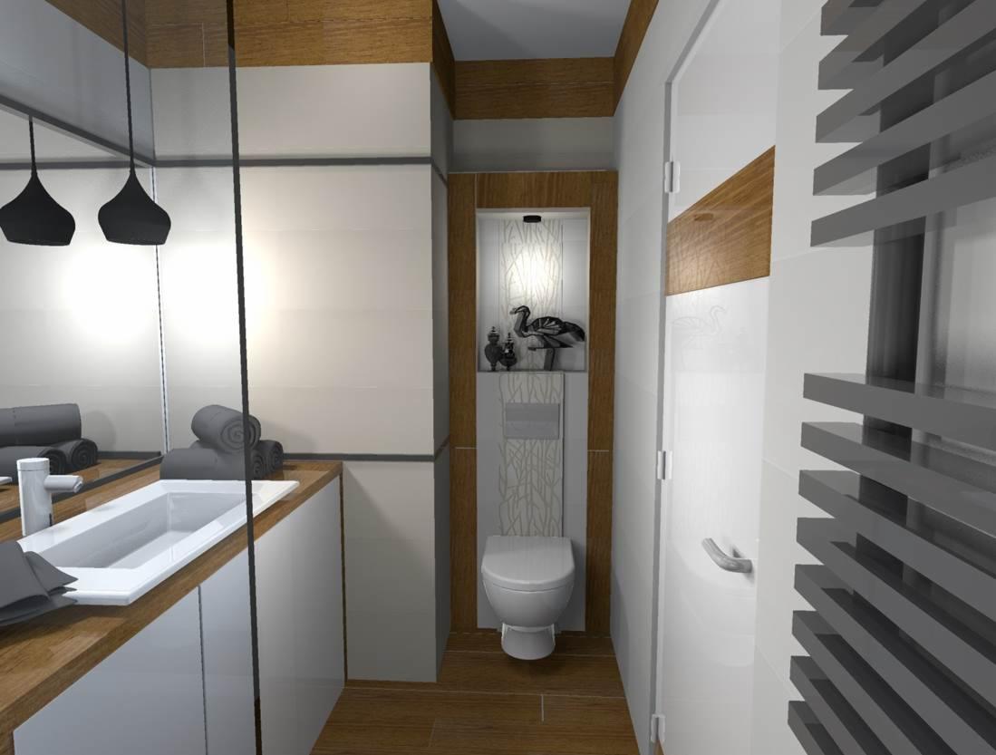 Nowoczesna łazienka z drewnianymi akcentami: umywalka z blatem, toaleta we wnęce z dekoracjami, grzejnik drabinkowy. Minimalistyczny design z dbałością o detale.