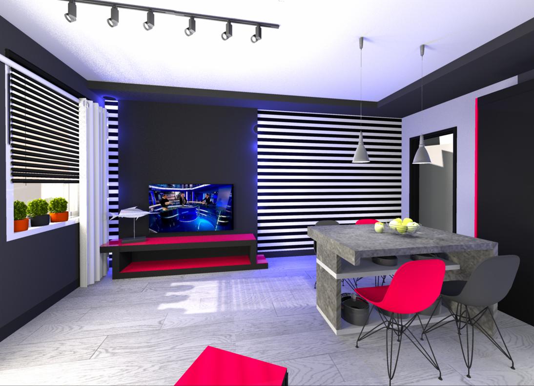 Nowoczesny salon z czarno-białymi pasami na ścianie, czerwonymi akcentami i szarymi meblami. Widoczne okno z żaluzjami i telewizor. Minimalistyczny design.