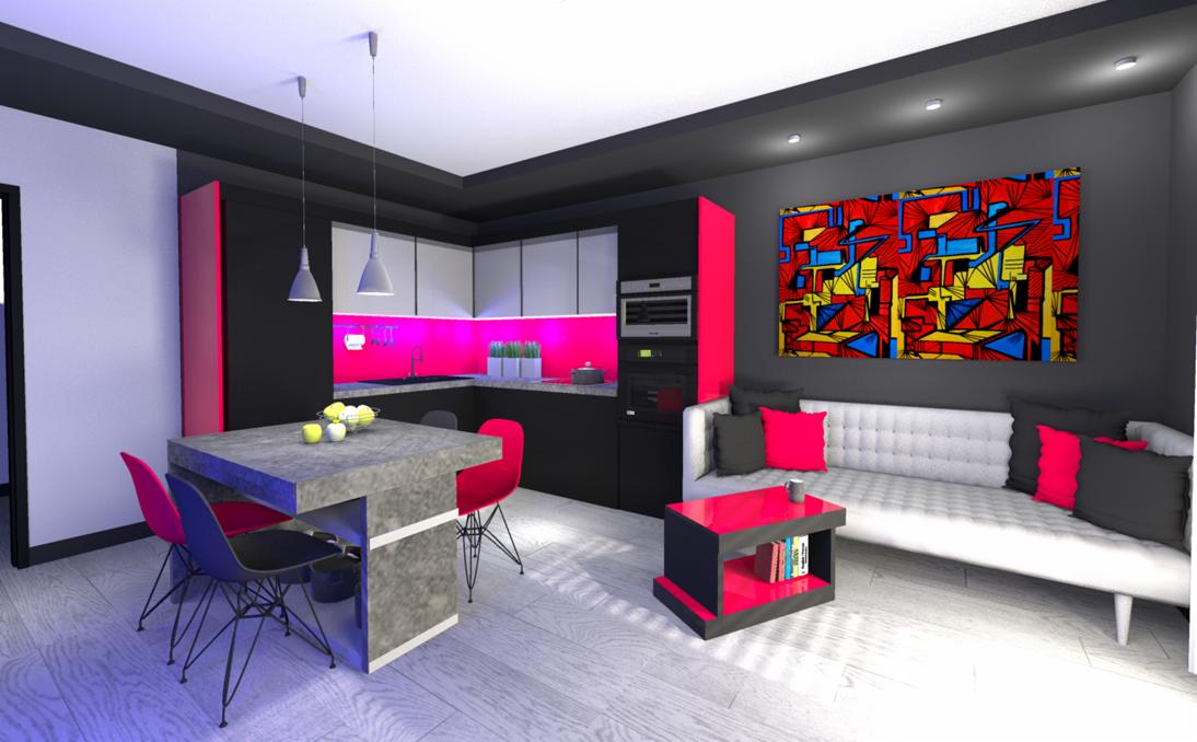 Wnętrze z otwartą kuchnią i salonem w nowoczesnym stylu. Kontrastujące kolory: czerń, biel i fuksja. Na ścianie abstrakcyjny obraz. Stół z owocami i krzesła.