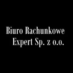 Logo firmy: Biuro Rachunkowe Expert Sp. z o.o. na czarnym tle, napisane elegancką, białą czcionką.