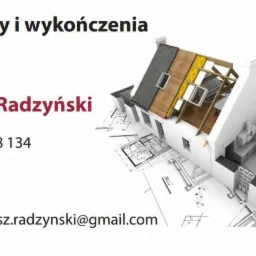 Grafika 3D domu w przekroju z widocznymi planami architektonicznymi. Informacje kontaktowe firmy remontowo-wykończeniowej Łukasz Radzyński.