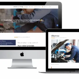 Responsywna strona internetowa warsztatu samochodowego wyświetlana na różnych urządzeniach: monitorze, laptopie, tablecie i smartfonie. Strona prezentuje usługi warsztatowe, w tym wymianę oleju.