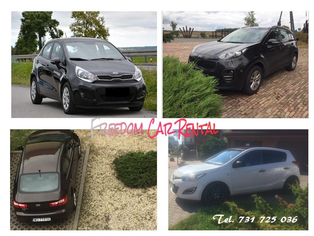 Kolaż czterech różnych samochodów: czarny Kia Rio na szosie, czarny SUV Kia Sportage na brukowanym placu, brązowy Kia Rio widziany z góry na parkingu ze żwirem, biały Hyundai i20 na trawniku przed...