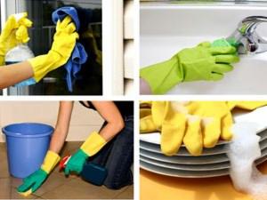Kolaż: czyszczenie okna, mycie zlewu, podłogi i naczyń w rękawicach ochronnych. Domowe porządki w zbliżeniu, różne etapy sprzątania, detale środków czystości.
