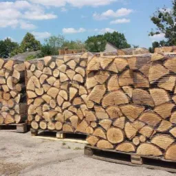 Ułożone na paletach i owinięte folią pakiety pociętego drewna na opał, widok z zewnątrz, w tle budynki i drzewa.