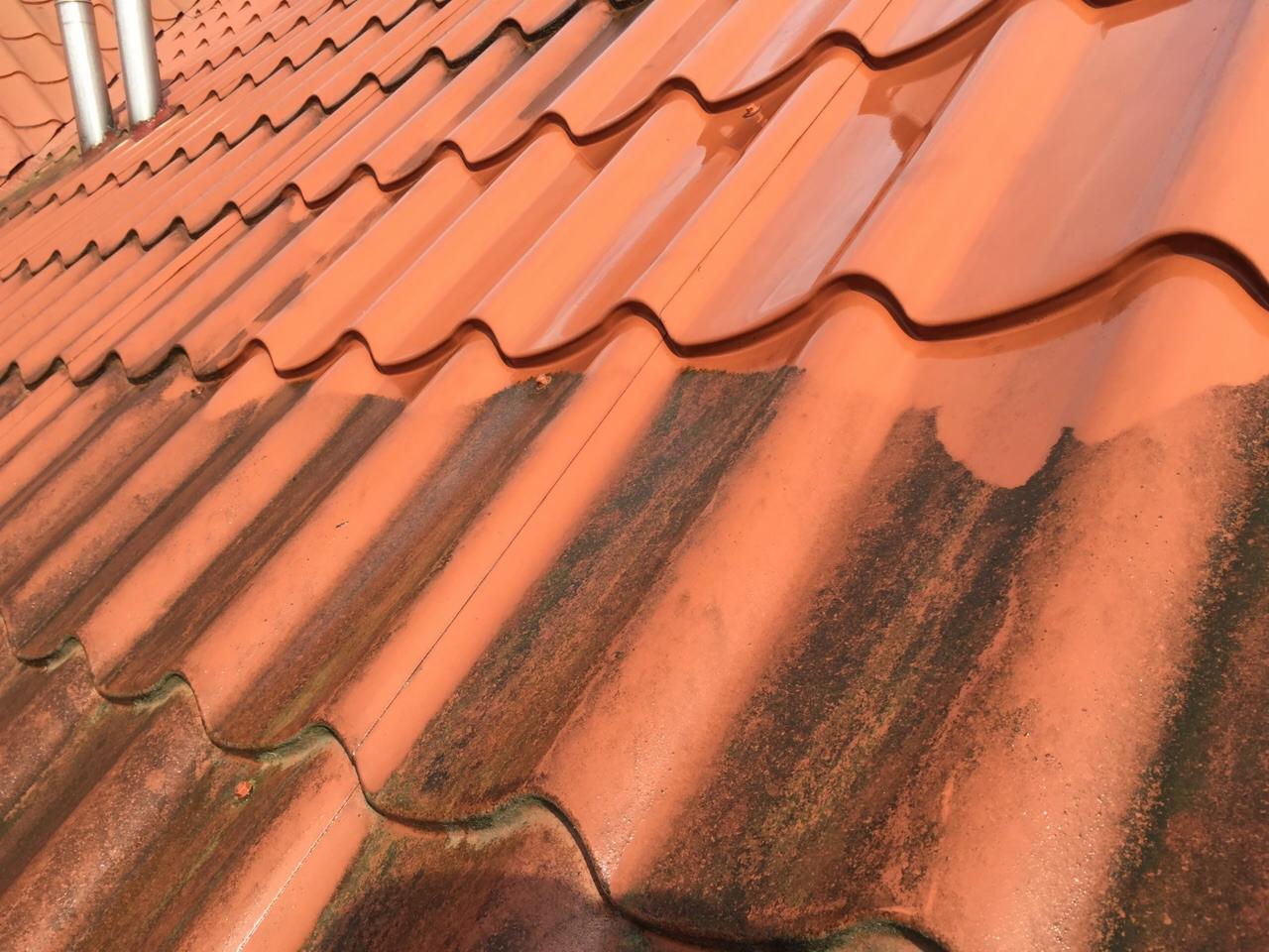 Częściowo oczyszczona, pomarańczowa dachówka ceramiczna z widocznymi śladami zabrudzeń organicznych i wilgoci. Widoczne rynny w tle.