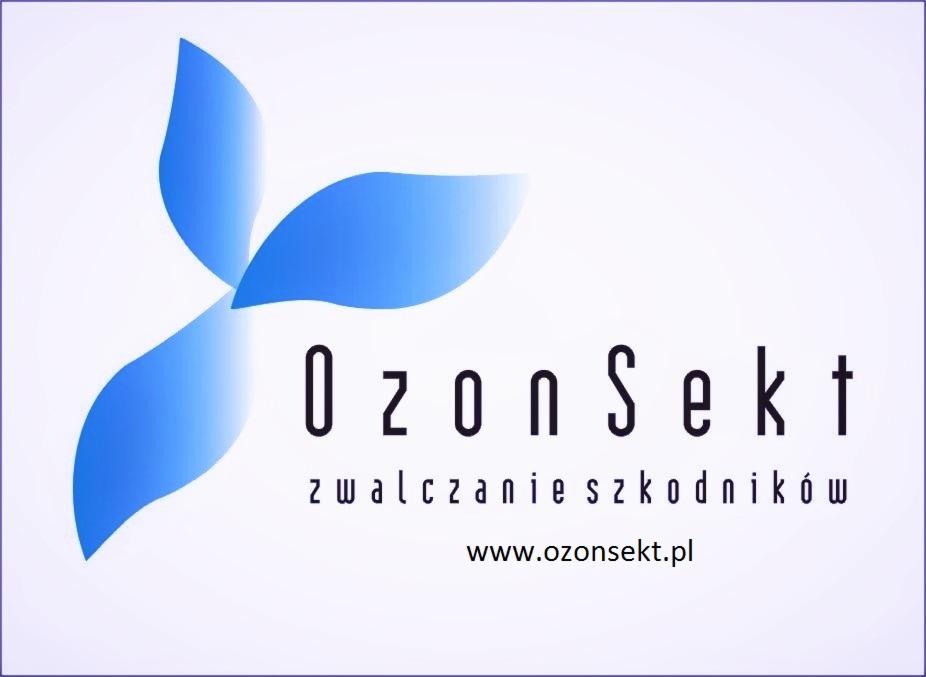 Grafika z logo firmy OzonSekt, zajmującej się zwalczaniem szkodników, z niebieskim symbolem graficznym przypominającym kwiat i adresem strony internetowej.